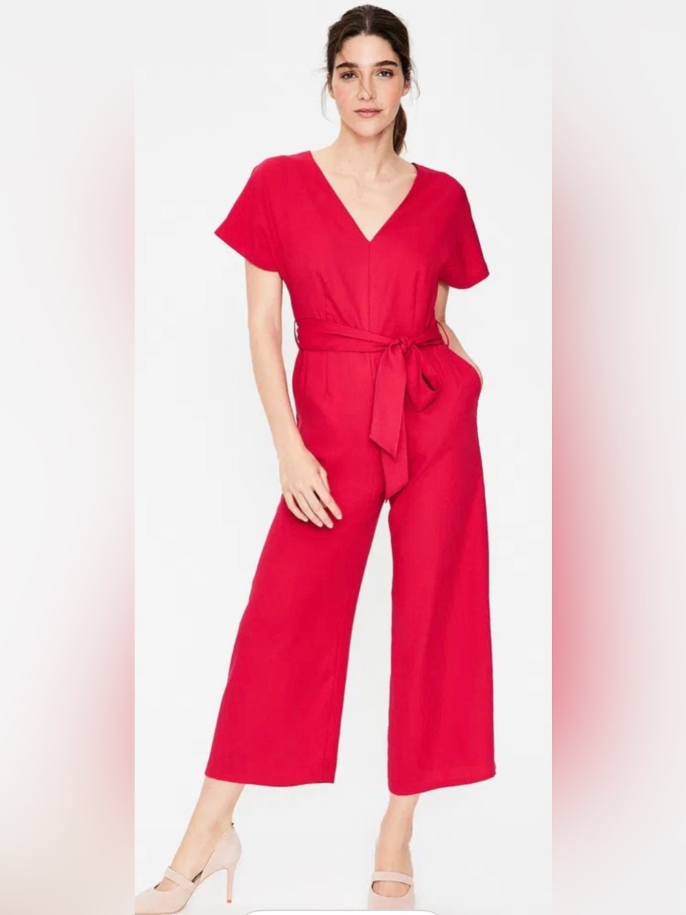 Boden Red Wide Leg Culotte Jumpsuit Tie Waist V-Neck Size US 4R Wedding Guest
